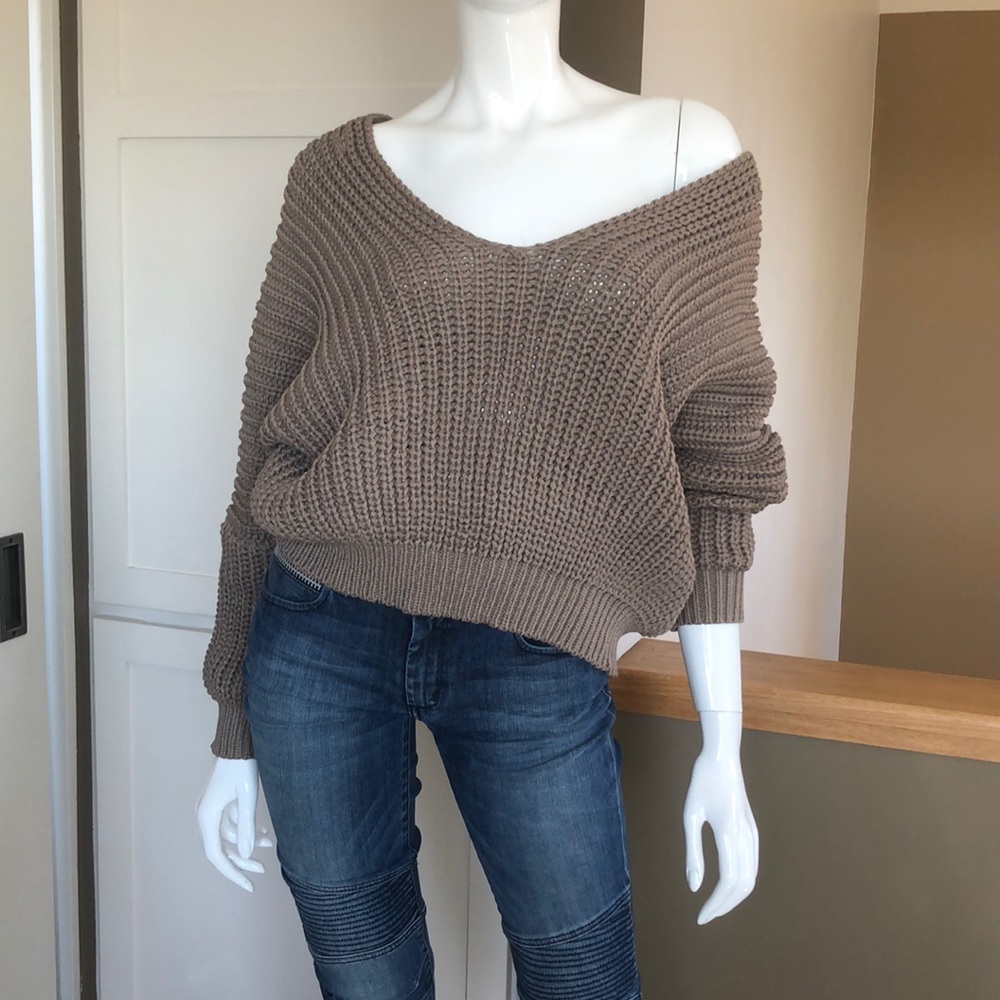 Wide neck draped shoulder knit sweater in cocoa